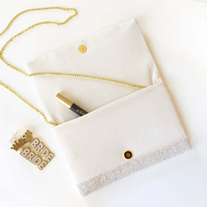 Pretty Robes BRIDE Clutch Purse for Wedding Day & Bachelorette Party,Bridal Purse, Gift for Bride To Be (Gold)