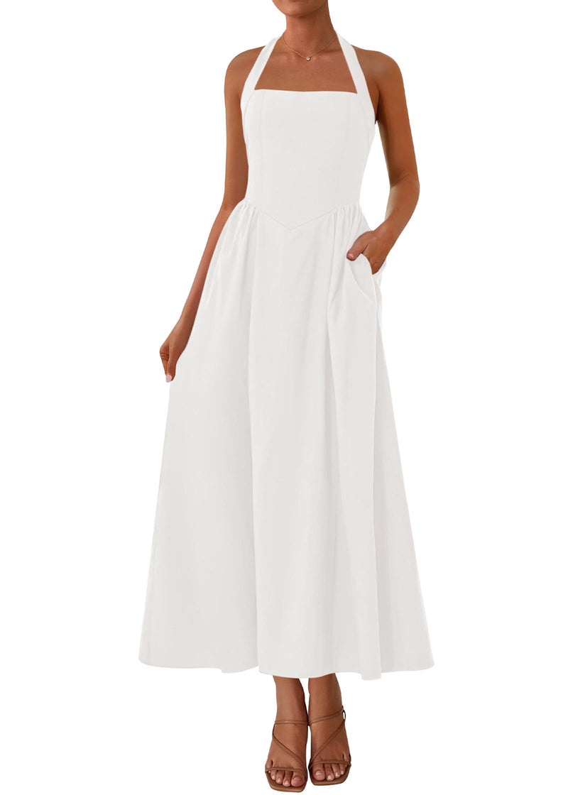 KIRUNDO Women Summer Sleeveless Halter Maxi Dress Sundress 2025 Casual Flowy Wedding Guest Cocktail Beach Vacation Dresses(White, Medium)