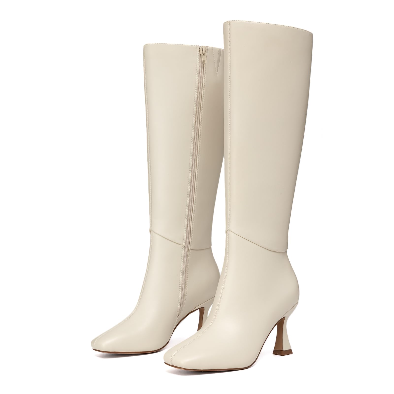 Athlefit Women's Knee High Boots Kitten Heel Square Toe Tall Boots Fashion Dress Stiletto Heeled Beige Long Booties Size 9.5