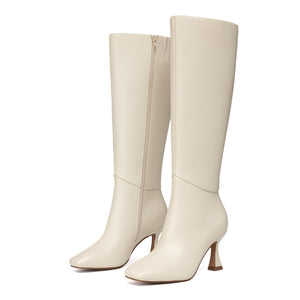 Athlefit Women's Knee High Boots Kitten Heel Square Toe Tall Boots Fashion Dress Stiletto Heeled Beige Long Booties Size 9.5