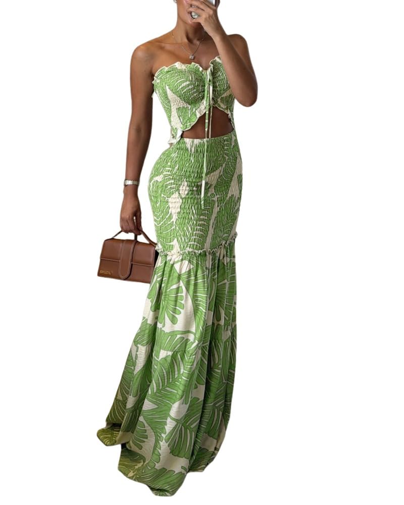 CHICME Floral Printed Prom Dress Drawstring Ruched Shirred Bandeau Party Dress Slim Fit Ruffle Hem Wedding Guest Dresses Green-M