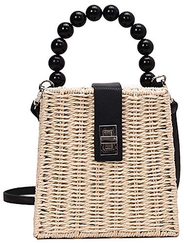 QZUnique Straw Bucket Bags for Women Top Handle Drawstring Woven Handbag Shoulder Bag Summer Beach Purses with Bamboo Handle