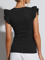 Load image into Gallery viewer, Women's Deep V Neck Ruffle Sleeve Shirts Summer Ribbed Knit Slim Fitted Tops Casual Tight Tshirt 2025 Trendy Clothes Black,M
