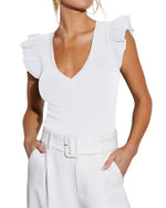 Load image into Gallery viewer, BONITEE Womens Summer Ribbed Tops Classy Ruffle Sleeve Slim Shirts Sexy Deep V Neck Tees Casual Knit Tshirts 2025 Dressy Blouse White,M
