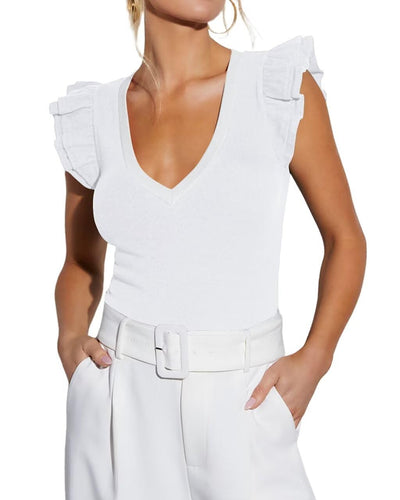 BONITEE Womens Summer Ribbed Tops Classy Ruffle Sleeve Slim Shirts Sexy Deep V Neck Tees Casual Knit Tshirts 2025 Dressy Blouse White,M