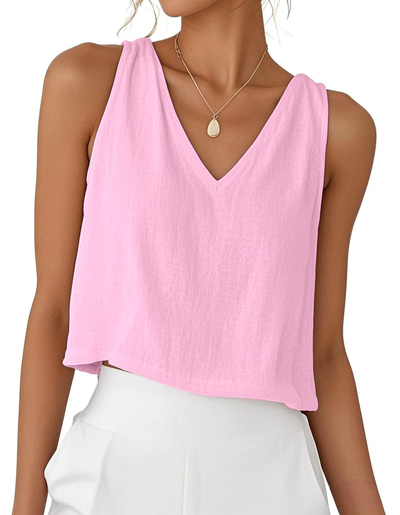 IDEALSANXUN Pink Tank Top for Women 2025 V Neck Cute Crop Spring Summer Tops Sleeveless Linen Shirts Blouses Beach Vacation Clothes, Pink, M