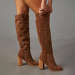 Load image into Gallery viewer, Erocalli Brown Knee-High Boots Suede Boots Fall Boot For Women Chunky Block High Heel Slouchy Boot Round Toe Side Zipper

