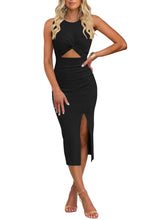 Load image into Gallery viewer, oten Women&#39;s Casual Sleeveless Cutout Side Slit Crew Neck Ribbed Knit Party Bodycon Midi Dresses Black Medium
