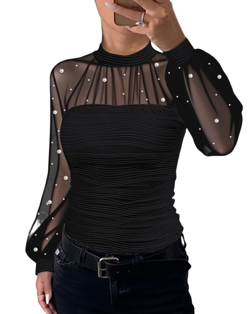 Ninimour Women‘s Pearls Decor Long Sleeve Blouse Mesh Spliced Textured Shirt Going Out Top Black