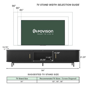 POVISON Mid Century Modern TV Stand for 75+ inch TV, Sliding Door Entertainment Center with Storage, Wood TV Console, Media Console for Living Room Bedroom, Fully-Assembled (Black, 94.49")