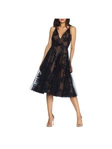 Dress the Population Women's Courtney Sleeveless Veiled Fit & Flare Midi Dress -Blacknude, X-Large