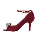 Load image into Gallery viewer, ERIJUNOR E1599 Women Comfortable Middle Heel Peep Toe Bows Rhinestones Satin Wedding Evening Party Shoes Burgundy US 8
