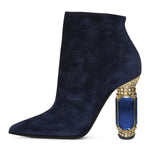 Load image into Gallery viewer, FSJ Women Chic Pointed Toe Crystal Chunky Block High Heel Ankle Boots Glossy Side Zipper Casual Daily Fashion Ladies Shoes Size 7 Dark Blue
