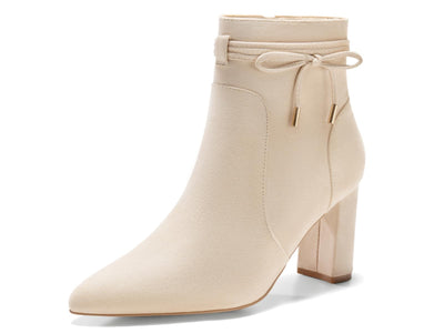 Coutgo Womens Pointed Toe Ankle Boots Chunky Block Heel Tie Knot Side Zipper Dressy Booties, Beige, Size 7.5