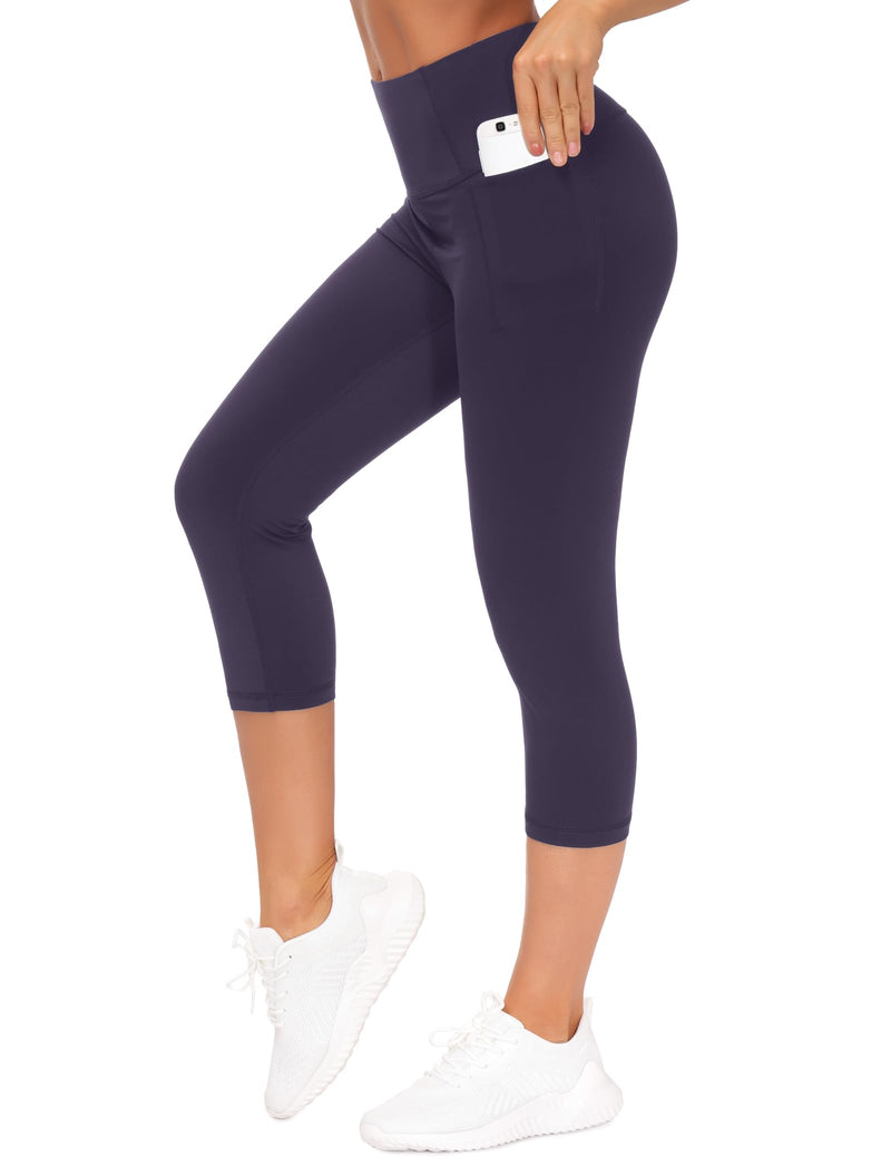 THE GYM PEOPLE Tummy Control Workout Capris Leggings with Pockets High Waist Athletic Yoga Pants for Women Running Hiking Purple