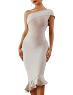 Load image into Gallery viewer, UONBOX Women's One Shoulder Sleeveless Bodycon Dress Midi Mermaid Party Bandage Dress Nude L
