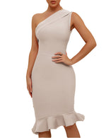 Load image into Gallery viewer, UONBOX Women's One Shoulder Sleeveless Bodycon Dress Midi Mermaid Party Bandage Dress Nude L
