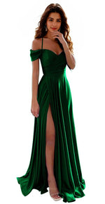 Load image into Gallery viewer, IIF Satin Emerald Green Bridesmaid Dresses for Wedding Spaghetti Strap Long V Neck Formal Gown with Slit Prom Dress US Size 4 IIF006
