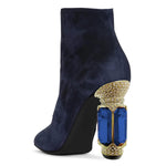 Load image into Gallery viewer, FSJ Women Chic Pointed Toe Crystal Chunky Block High Heel Ankle Boots Glossy Side Zipper Casual Daily Fashion Ladies Shoes Size 7 Dark Blue
