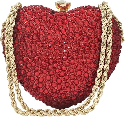 Twisted-chain heart mini clutch wrapped in rhinestones offers romantic glow for wedding ceremonies and date nights (Red)