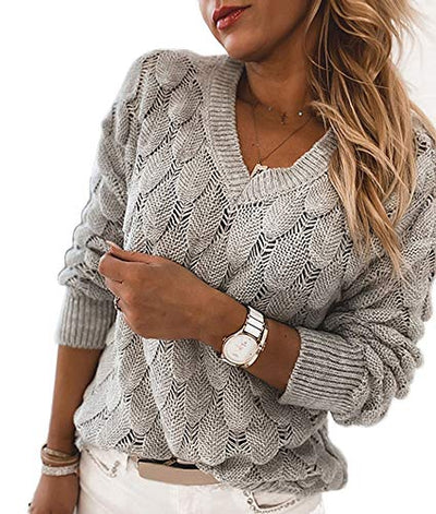 Women's V Neck Long Sleeve Pullover Sweater Lightweight Knit Sweaters Novelty Sweaters Grey