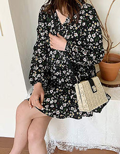 QZUnique Straw Bucket Bags for Women Top Handle Drawstring Woven Handbag Shoulder Bag Summer Beach Purses with Bamboo Handle
