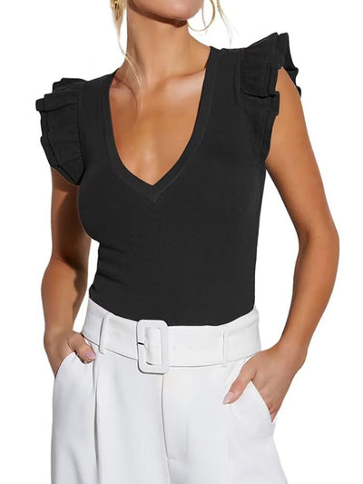 Women's Deep V Neck Ruffle Sleeve Shirts Summer Ribbed Knit Slim Fitted Tops Casual Tight Tshirt 2025 Trendy Clothes Black,M