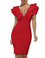 Load image into Gallery viewer, UONBOX Women's Ruffle Short Sleeve Plunge V Neck Bodycon Dress Back Split Bandage Party Club Dress Red L
