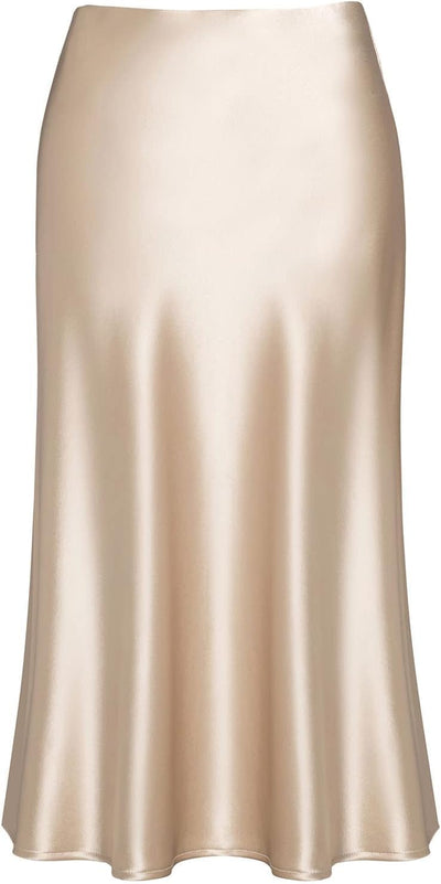 Basoteeuo Midi Skirts for Women High Waist Satin Summer Casual Trendy Summer Sexy Midi Length Elastic Skirt Beige Skirt XS