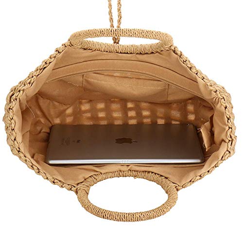 Straw Bags for Women,Hand-woven Straw Top-handle Bag with Round Ring Handle Summer Beach Rattan Tote Handbag (Black)