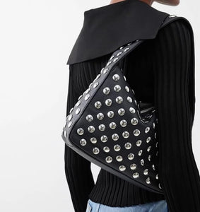 Studded Purses Y2k Shoulder Bag 90s Punk Women Small Shouder Purse Vegan Leather Designer Handbags Streetwear 2000s (Black,One Size)