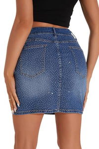 GUANYY Denim Skirt for Women High Waisted Mini Blue Jean Skirt Sparkly Diamond 2025 Diamond Medium