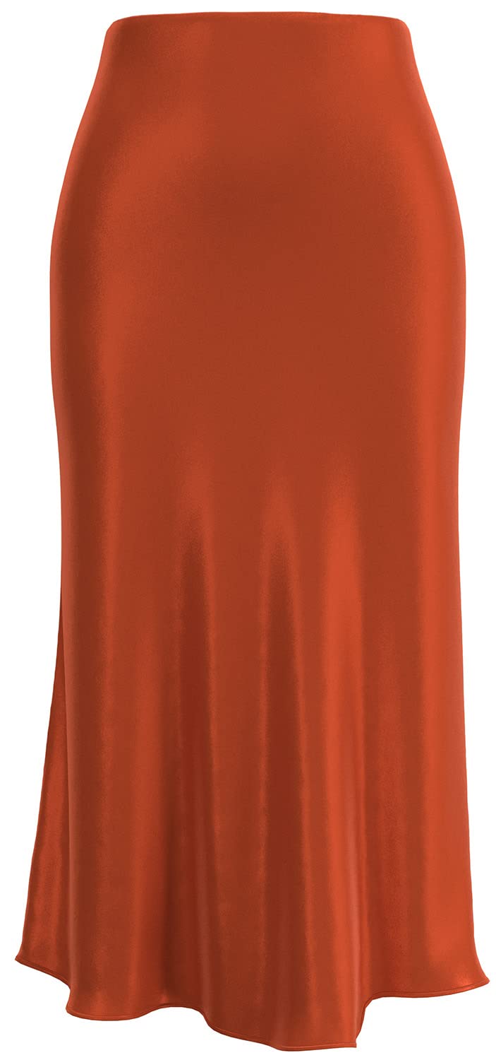 Soowalaoo Womens Brown Skirt Midi Long Length Silk Satin High Waisted Elastic Casual Solid Color Skirts M