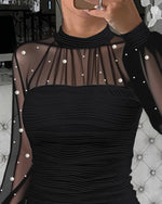 Load image into Gallery viewer, Ninimour Women‘s Pearls Decor Long Sleeve Blouse Mesh Spliced Textured Shirt Going Out Top Black
