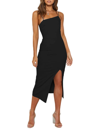 LYANER Women's Spaghetti Straps Split Slit Hem Sleeveless Zipper Bodycon Midi Dress Solid Black Medium