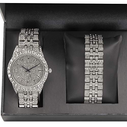 Charles Raymond Mens Watch w/Matching Iced Rolly Hip Hop Bracelet - Big Rhinestones on Trim and Elegant Baguette Time Indicators on Dial - Master Bling Designer - ST10226B (Silver)