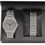 Load image into Gallery viewer, Charles Raymond Mens Watch w/Matching Iced Rolly Hip Hop Bracelet - Big Rhinestones on Trim and Elegant Baguette Time Indicators on Dial - Master Bling Designer - ST10226B (Silver)
