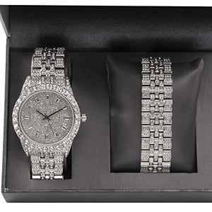 Charles Raymond Mens Watch w/Matching Iced Rolly Hip Hop Bracelet - Big Rhinestones on Trim and Elegant Baguette Time Indicators on Dial - Master Bling Designer - ST10226B (Silver)