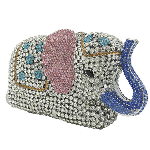 Boutique De FGG Elephant Crystal Clutch Bags Women Animal Rhinestone Evening Handbags Bridal Party Crystal Clutch Purse,Mini,Multi-White