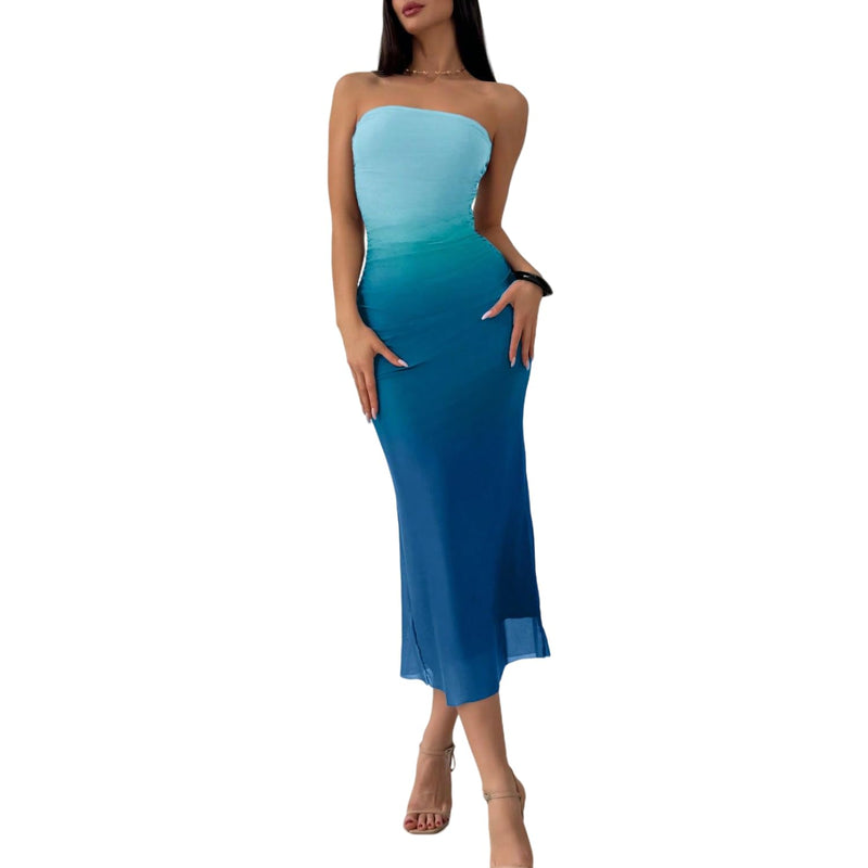 LIGHT DOT Women's Summer Dress Gradient Strapless Tube Dress Bodycon Long Dress Side Slit Mesh Layered (Blue,XL)