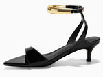 Load image into Gallery viewer, Coutgo Womens Low Kitten Heels Sandals Strappy Pointed Open Toe One Strap Metal Summer Dress Shoes, Black, size 9
