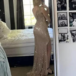 Load image into Gallery viewer, WENKAFO Glitter Sequin Prom Dress for Teens 2026 Slit Sparkly Mermaid V Neck Evening Party Gowns for Women Ruched Long Formal Gown Size 8 Brown
