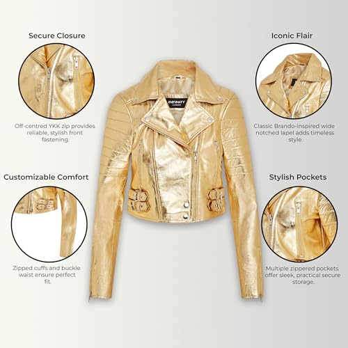 Ladies Cropped Short Body Gothic Top Gold Chic Biker Real Leather Jacket
