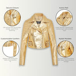 Load image into Gallery viewer, Ladies Cropped Short Body Gothic Top Gold Chic Biker Real Leather Jacket
