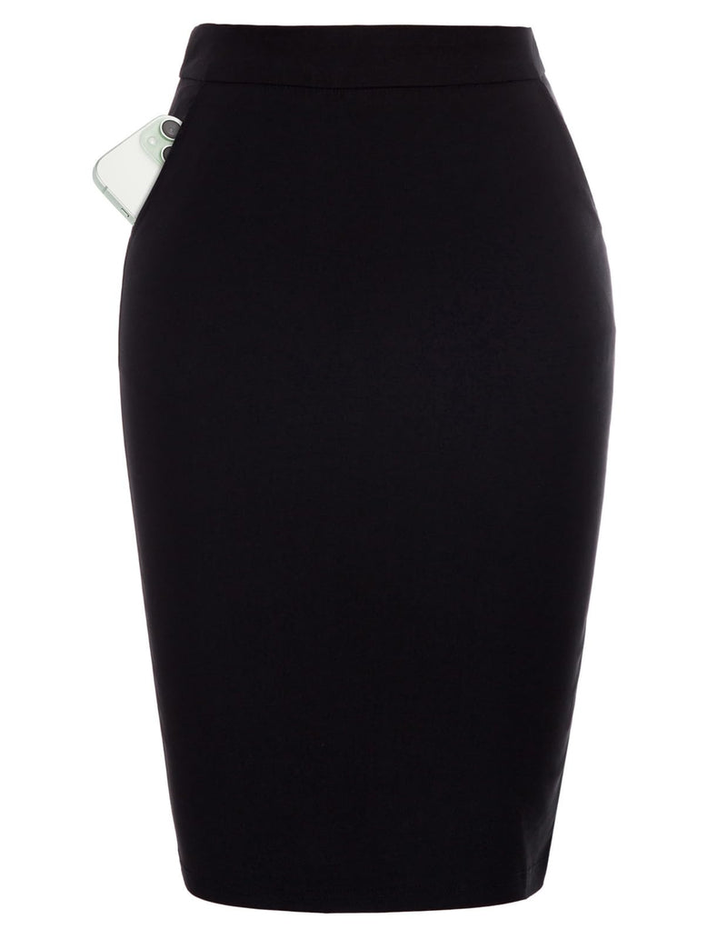 Kate Kasin Women Solid Color Split Stretchy Bodycon Knee Length Pencil Skirt with Pockets (Black, Large)