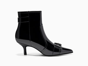 Coutgo Womens Kitten Heel Ankle Boots Pointed Toe Buckle Side Zipper Tassel Fall Winter Booties Shoes, Cool Black, Size 6.5