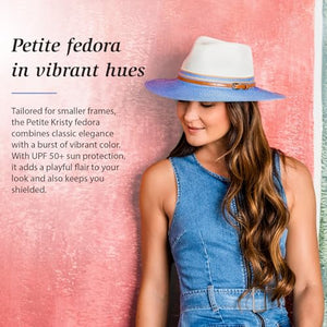 Wallaroo Hat Company Women’s Petite Kristy Fedora – UPF 50+ Sun Protection, Wide Brim, Packable Design, Adjustable Sizing for Smaller Crown Sizes – Sun-Safe Hat for Travel and Everyday (Ivory/Blue)