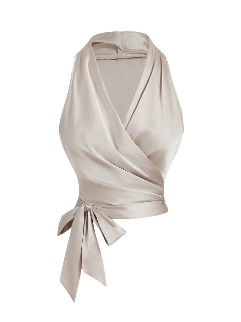 SHENHE Women's Satin Wrap Ruched Tie Side Tank Top Deep V Neck Sleeveless Elegant Blouse Apricot X-Small