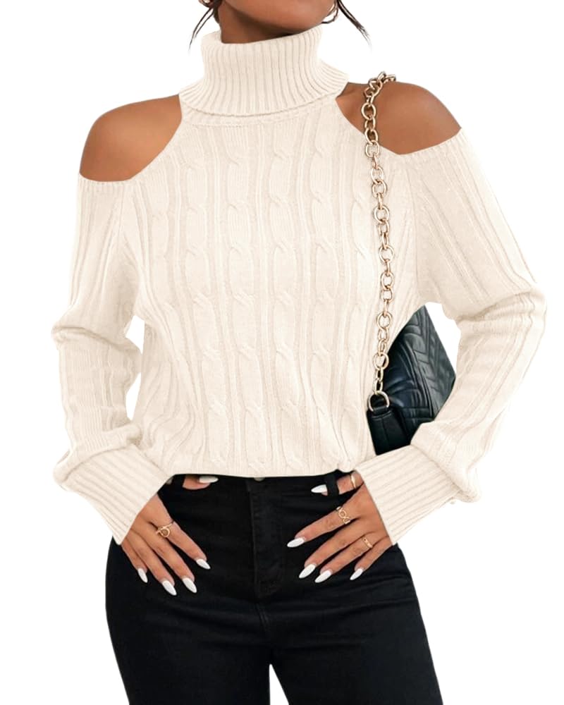 Langwyqu Womens Cold Shoulder Turtleneck Sweaters 2025 Fall Long Sleeve Soft Cable Knit Pullovers Sexy Jumper Tops Beige