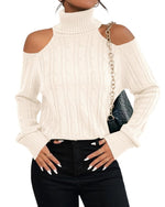 Load image into Gallery viewer, Langwyqu Womens Cold Shoulder Turtleneck Sweaters 2025 Fall Long Sleeve Soft Cable Knit Pullovers Sexy Jumper Tops Beige
